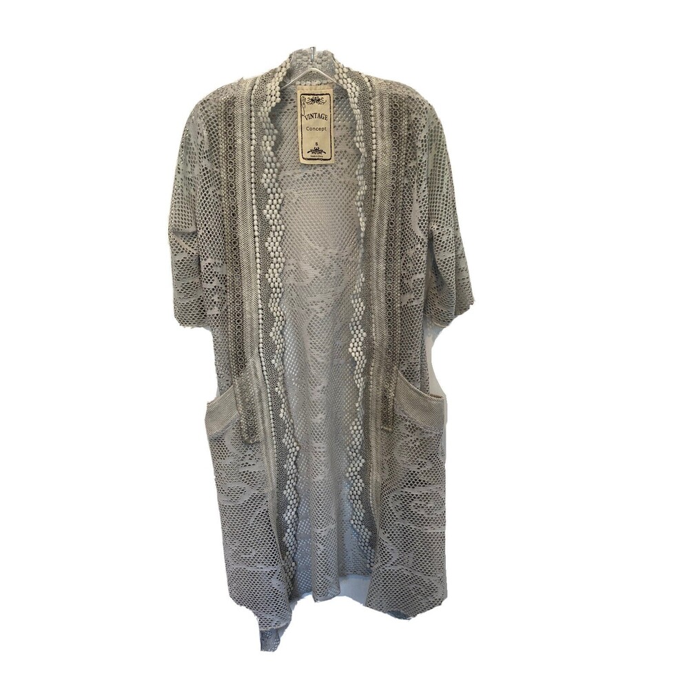 Vintage Concepts Cardigan Womens Size Small Lace Crochet Gray Kimono boho